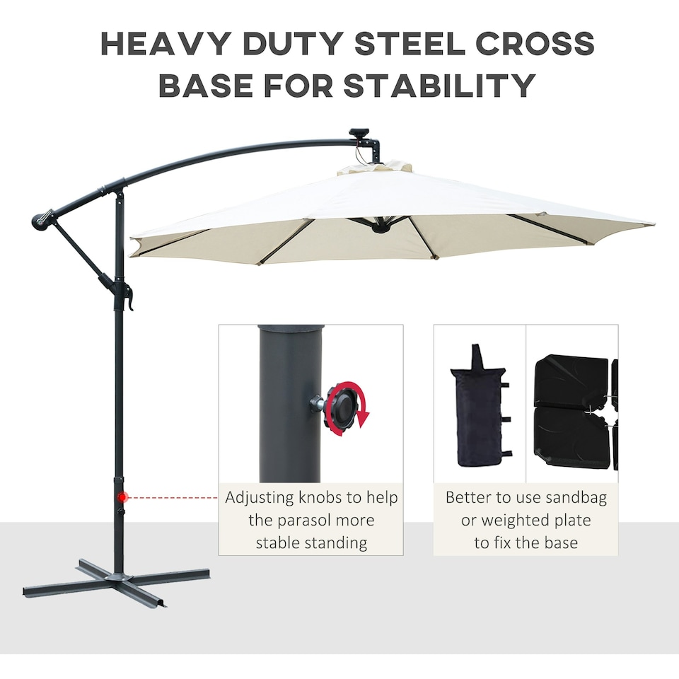 image 1 of Outsunny 3(m) LED Patio Banana Umbrella Cantilever Parasol w/ Crank, Off-White