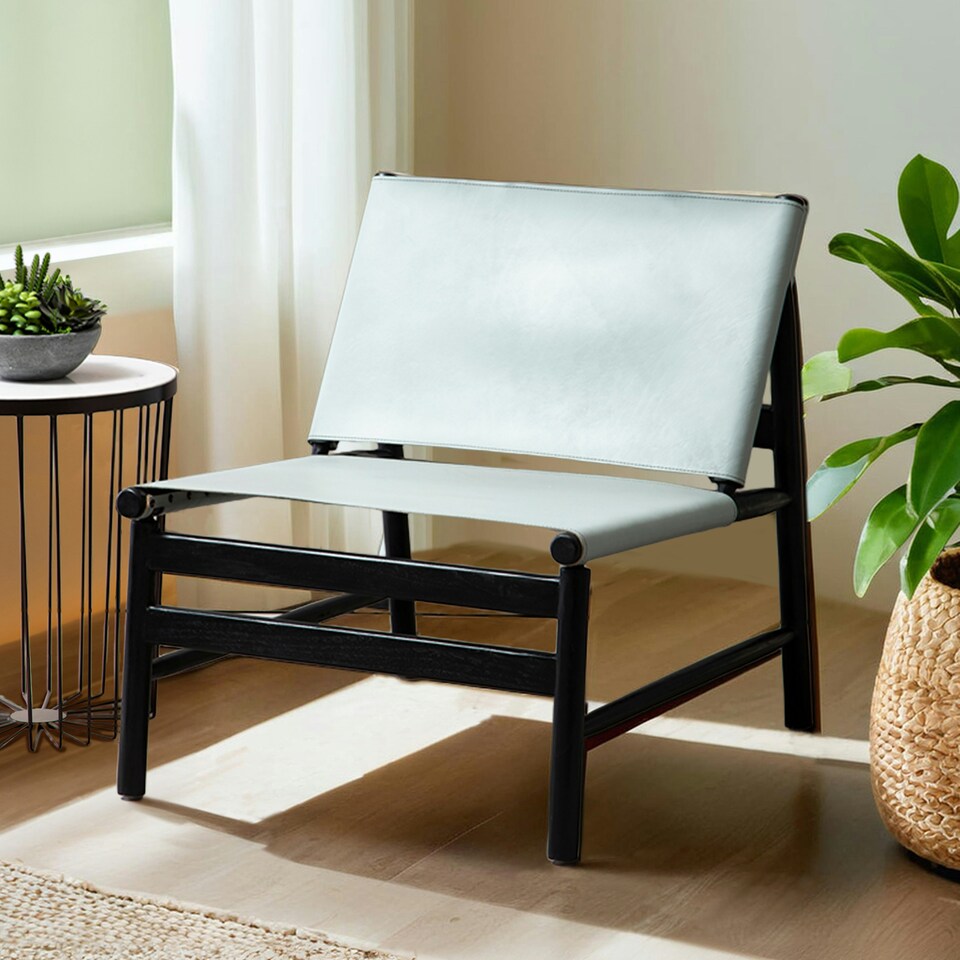 image 1 of Grey Plain Cow Leather Chair With Black Wooden Frame,Armchair With Curved Legs,Ideal For Outdoor Spaces | Brown
