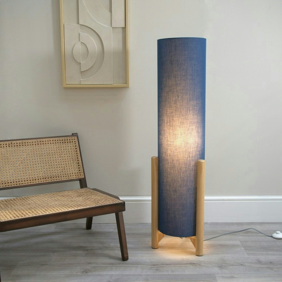 image 1 of ValueLights Henry Wooden Base Midi Floor Lamp with Tall Navy Fabric Shade Blue
