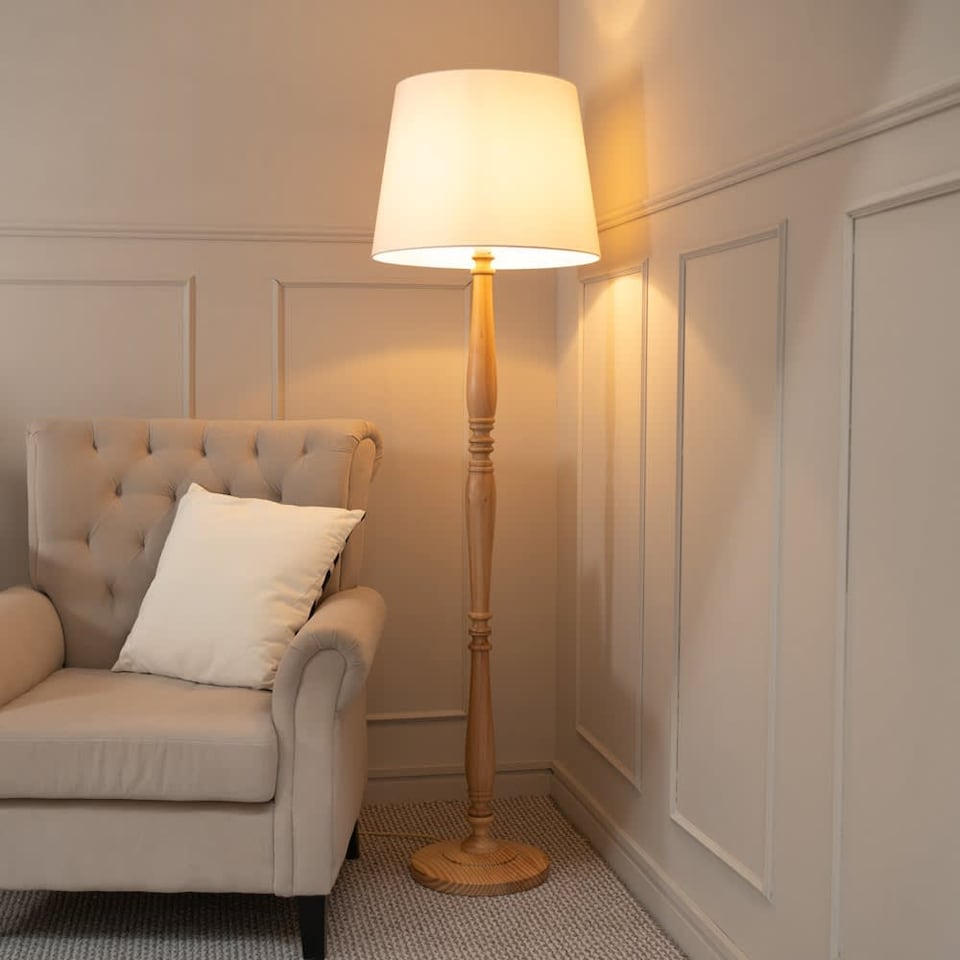 image 1 of ValueLights Victoria Light Wood Traditional Stem Floor Lamp with White Fabric Tapered Shade & Bulb | White