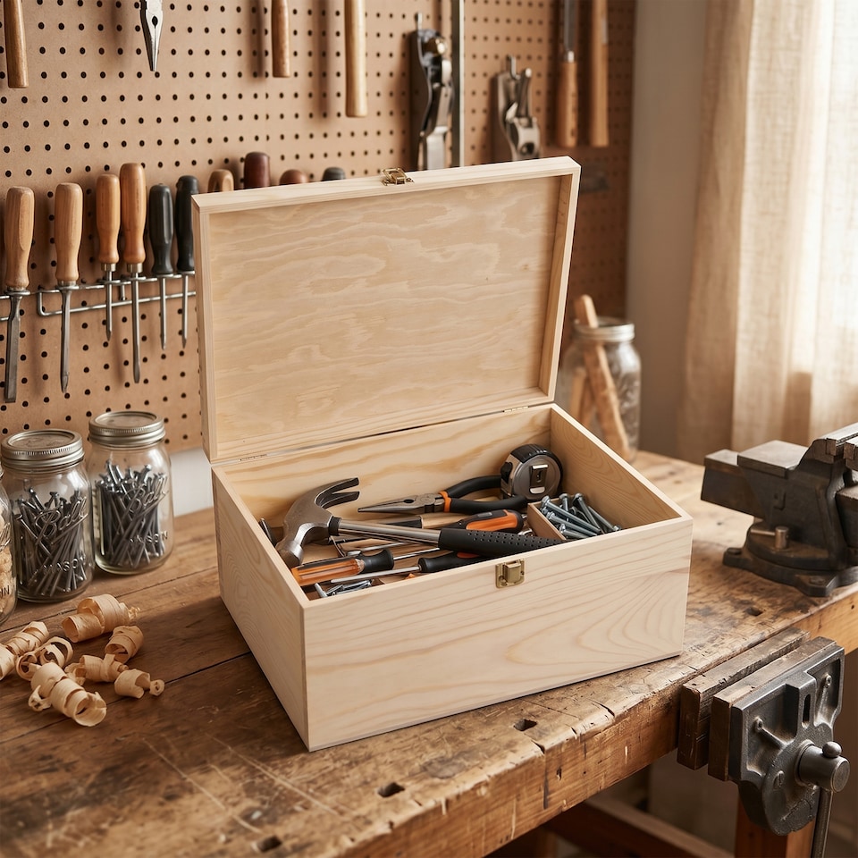 image 1 of Wickerfield Natural Wooden Storage Box with Hinged Lid & Locking Clasp