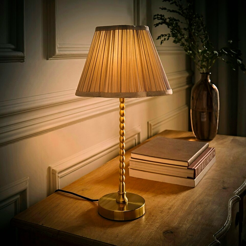 image 1 of ValueLights Maeve Light Grey Pleated Faux Silk Scallop Shade Brushed Gold Bobbin Table Lamp Gold