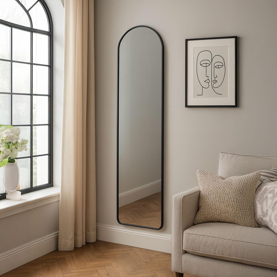 image 1 of Full Length Mirror with Metal Frame Wall Mounted Free Standing Floor | Black