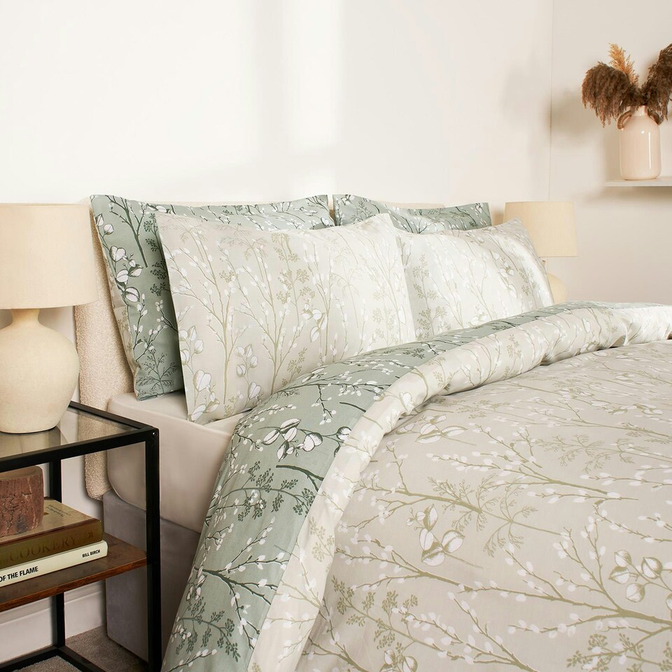 image 1 of OHS Willow Print Reversible Duvet Cover and Pillowcase Set, Super King - Sage Green