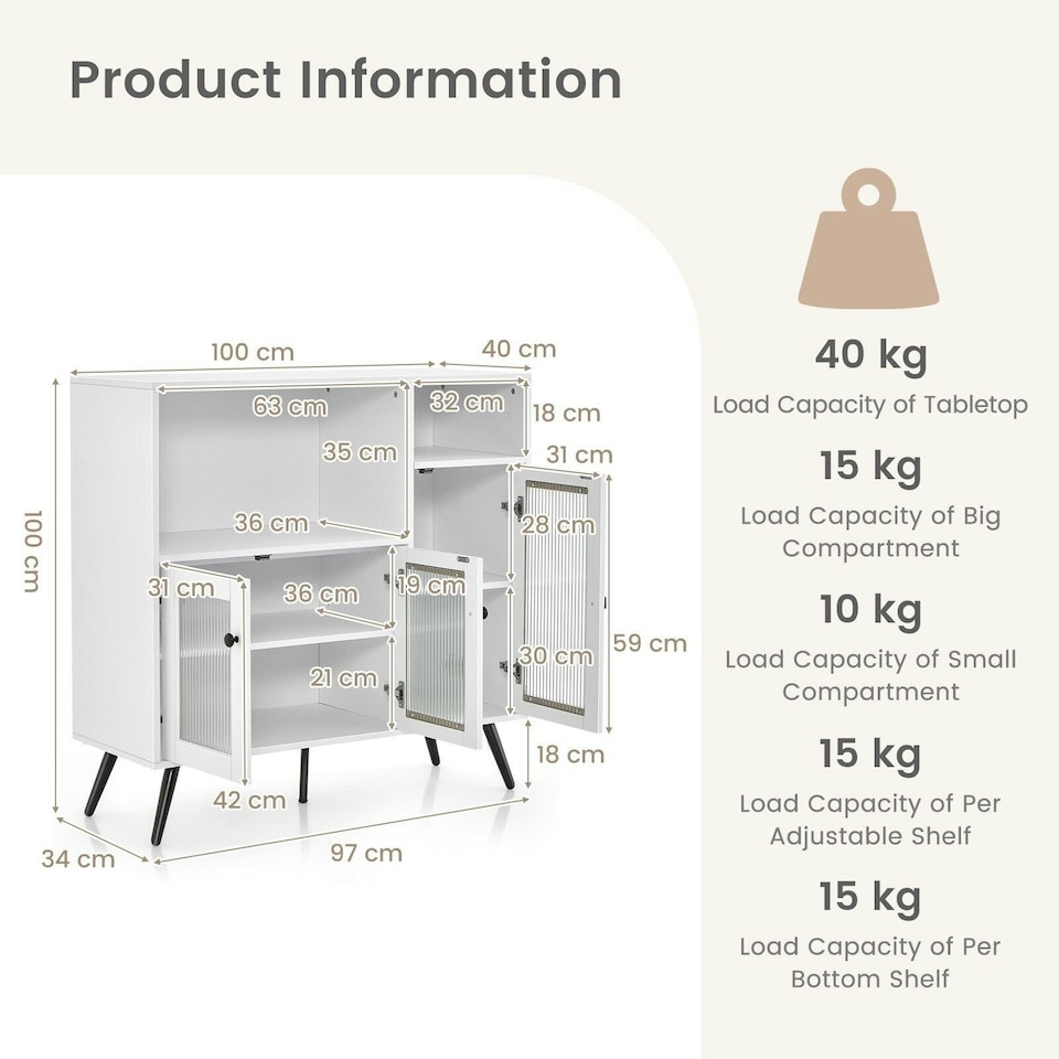 image 1 of COSTWAY Kitchen Storage Cabinet Wooden Buffet Cupboard White | White | 1