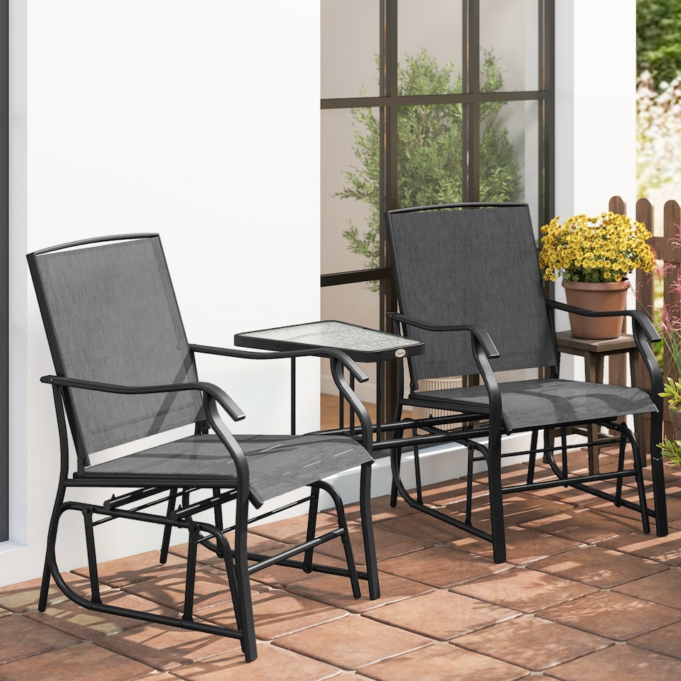 image 1 of Outsunny Outdoor Double Glider Rocking Chairs with Glass Top Middle Table, Metal Gliding Love Seat Conversation Furniture with Breathable Mesh Fabric Seat, for Garden, Patio, Black