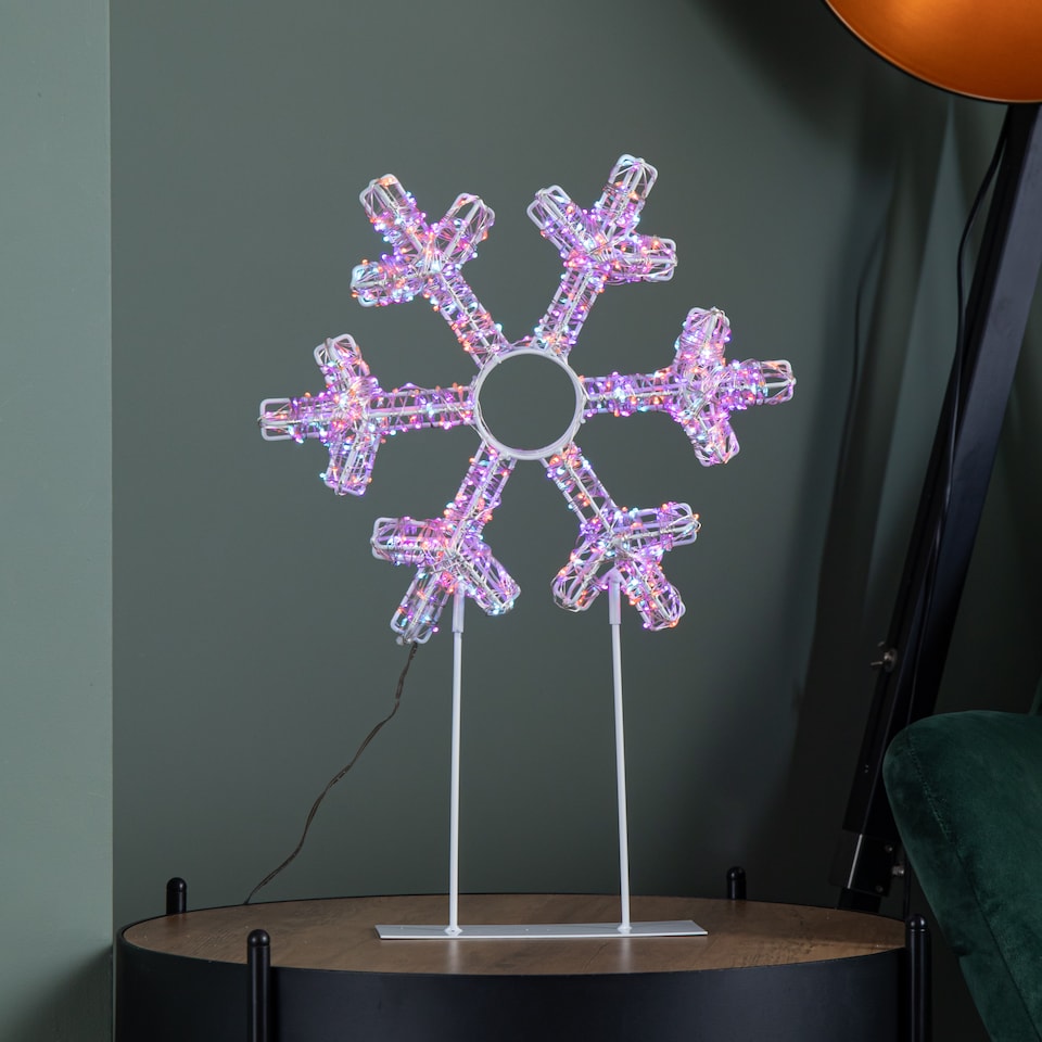 image 1 of 45cm Light up White Christmas Snowflake on Metal Stand with Twinkling Rainbow LEDs