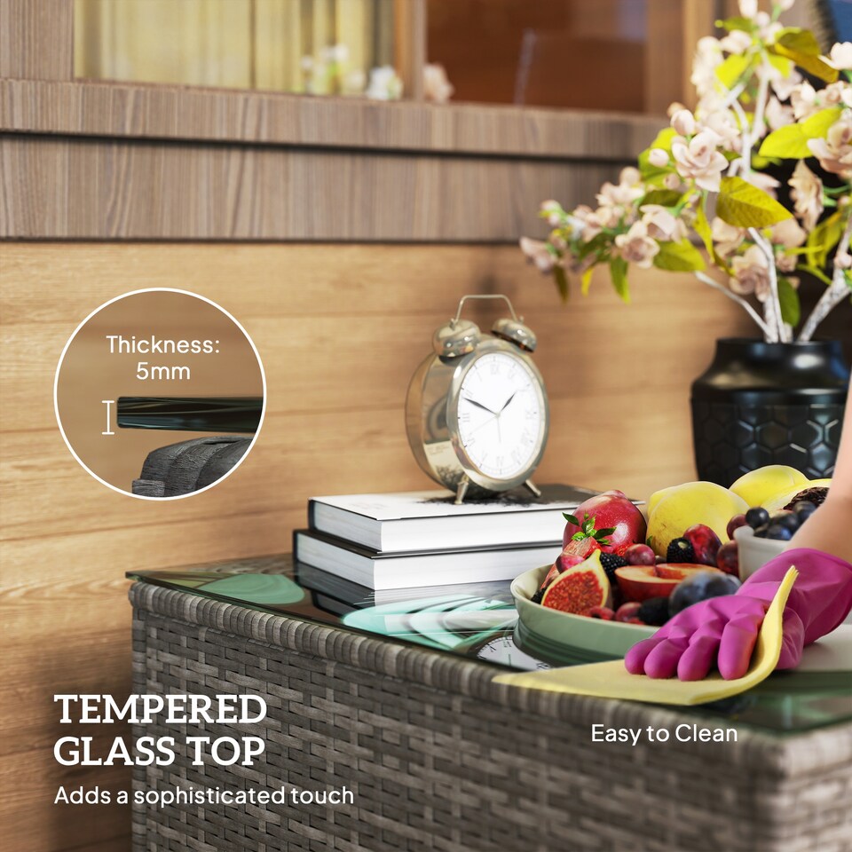 image 1 of Outsunny Outdoor Coffee Table with Glass Top, Rattan Side Table, Dark Grey
