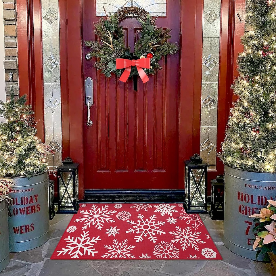 image 1 of London Boutique Christmas Doormat with Snowflake Design, Non-Slip Washable Entrance Mat, Red, 40 x 60 cm