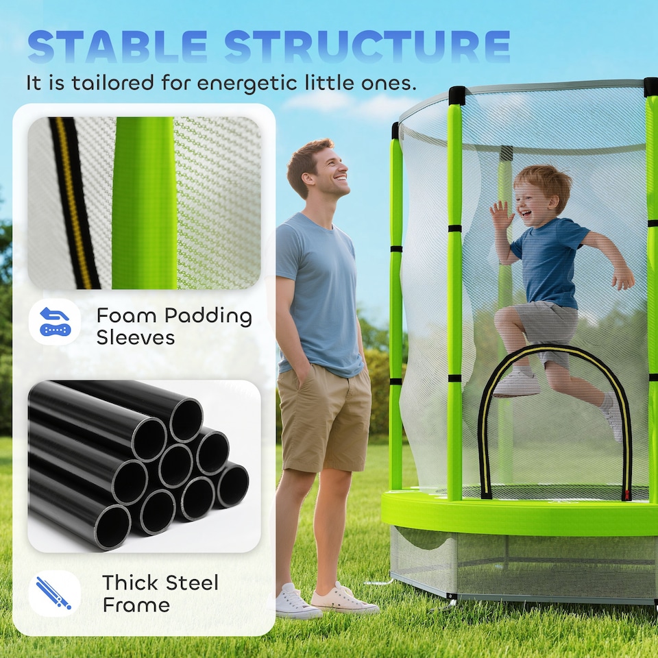 image 1 of AIYAPLAY 4.6FT Kids Trampoline with Safety Enclosure Net | Green | Green