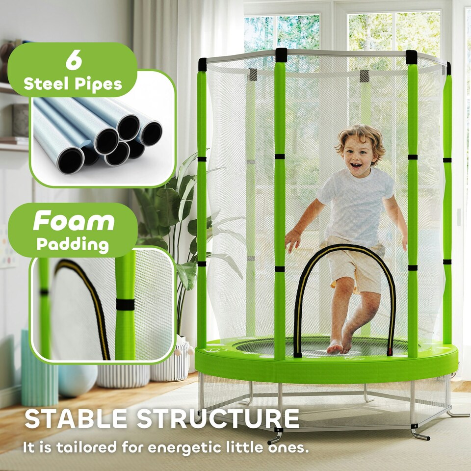 image 1 of AIYAPLAY 4.6FT Kids Trampoline with Safety Enclosure Net, Green