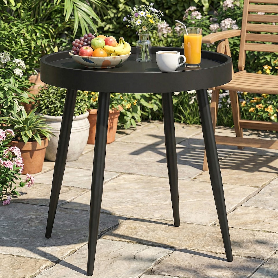 image 1 of Outsunny Round Garden Table, Outdoor Coffee Side Table with Plastic Top