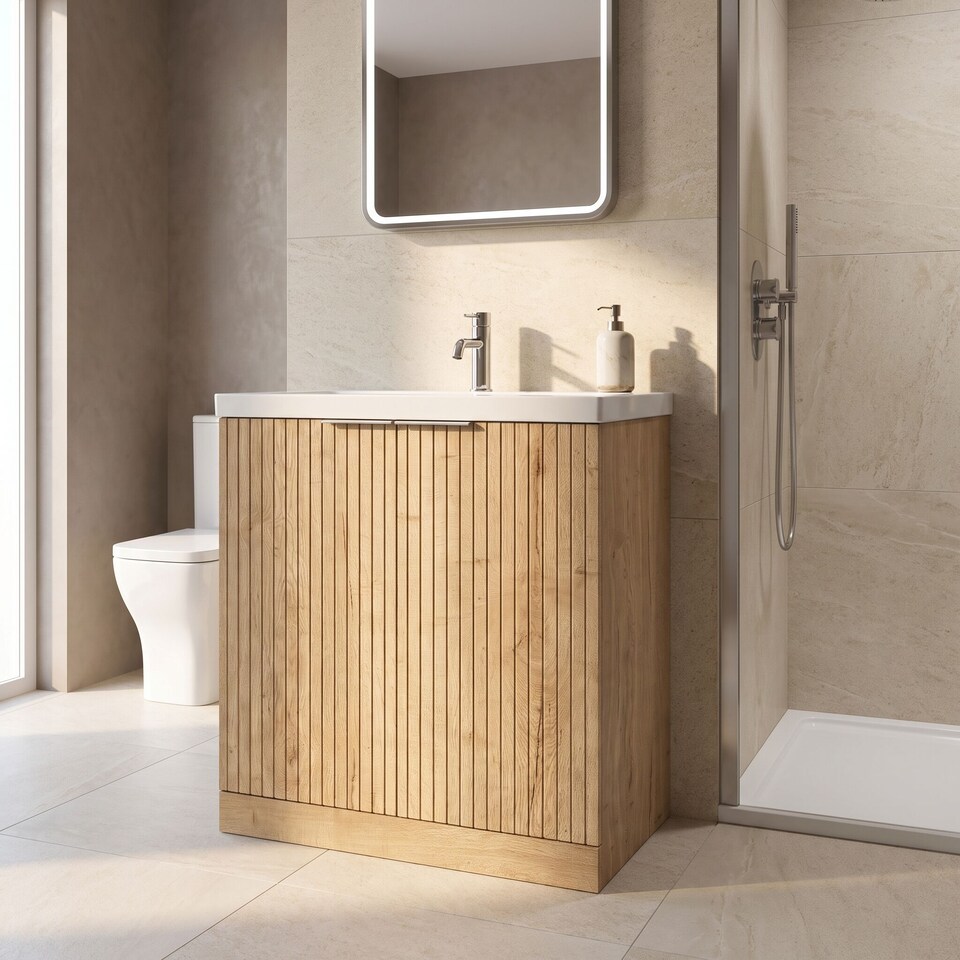 image 1 of Balterley Callingwood Contemporary Floor Standing 2 Door Vanity Unit with 1 Tap Hole Fireclay Basin , 800mm, Autumn Oak