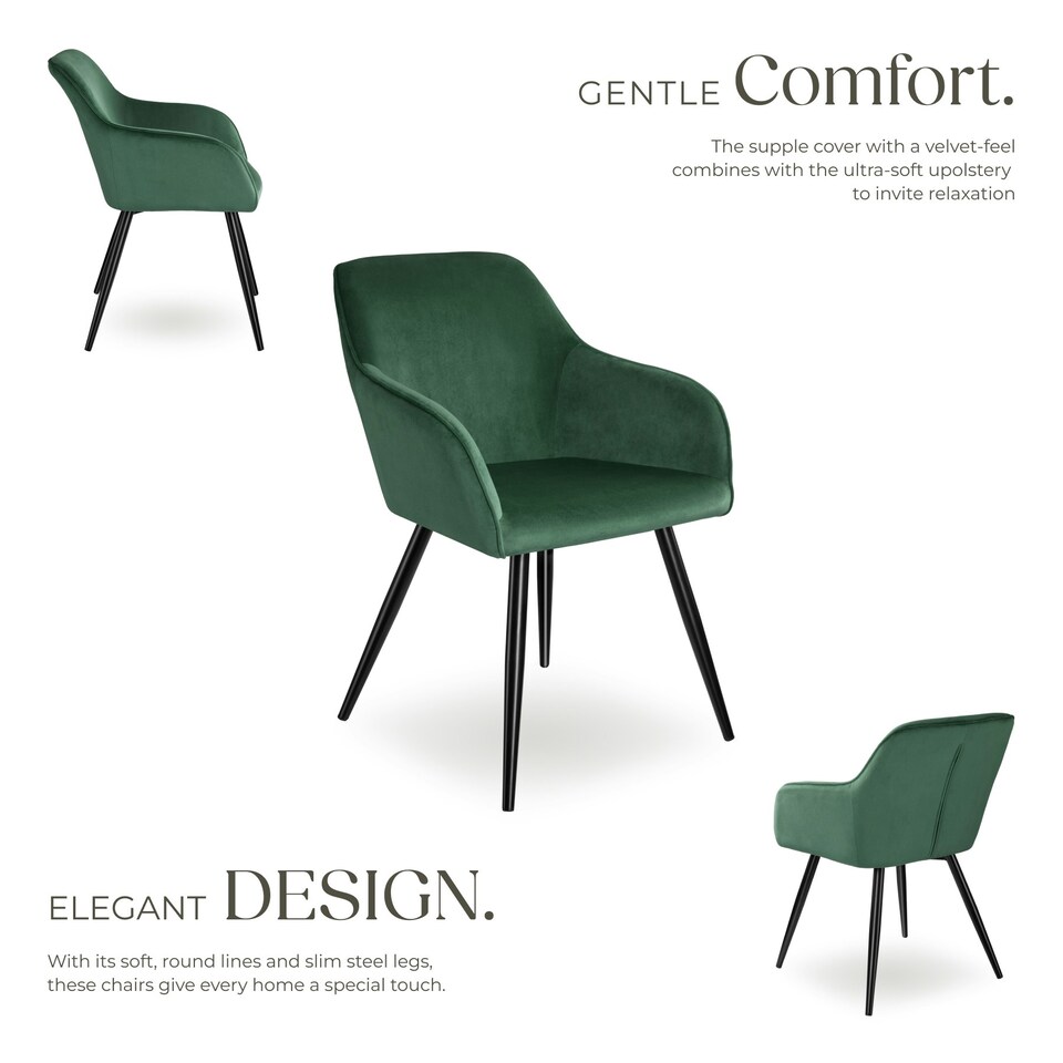 image 1 of Dining Chair Marilyn - with armrests, padded, velvet look, black steel legs - Set of 2 Green | Dark Green/Black