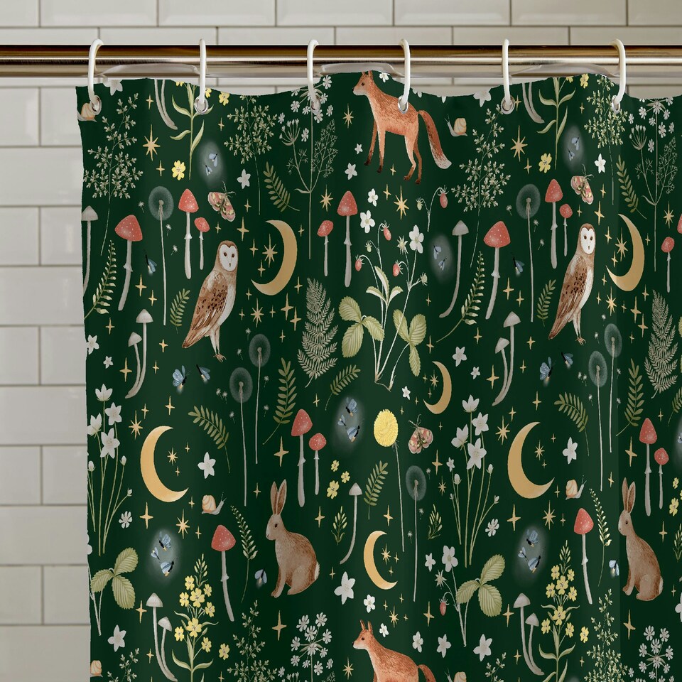 image 1 of Catherine Lansfield Enchanted Twilight Animals 180x180cm Shower Curtain Forest Green | Green | Forest Green | One Size