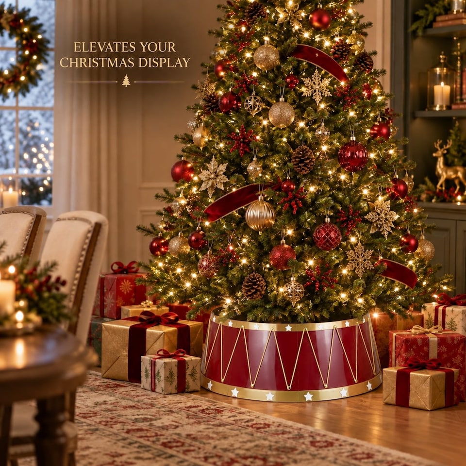 image 1 of 25.6 to 28.4 Inch Drum Christmas Tree Collar Foldable Base Cover for a Neat Festive Finish