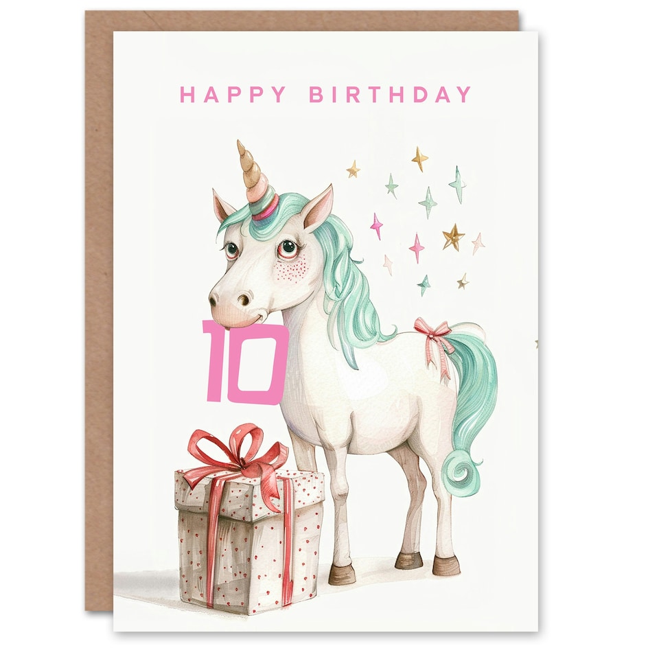 image 1 of Unicorn Stars Present Fun Kids Age 10 Year Child 10th Birthday Card