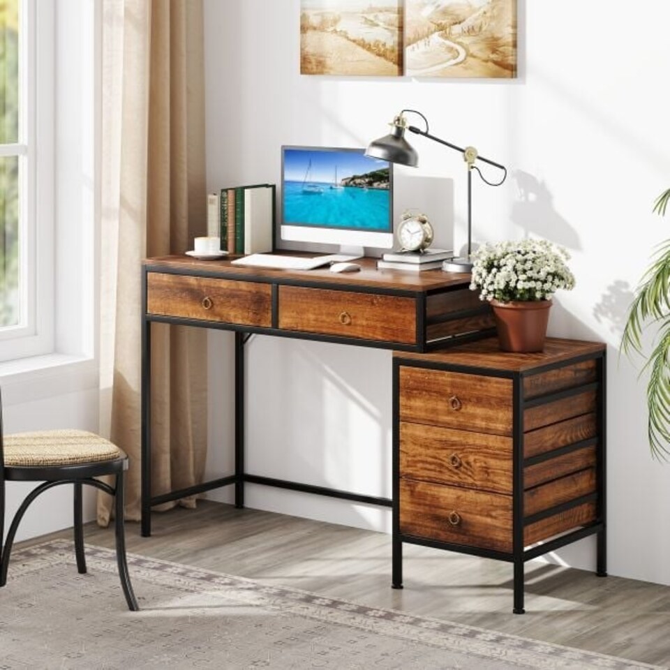 image 1 of COSTWAY Computer Desk with 5 Drawers and Side File Cabinet Brown Brown