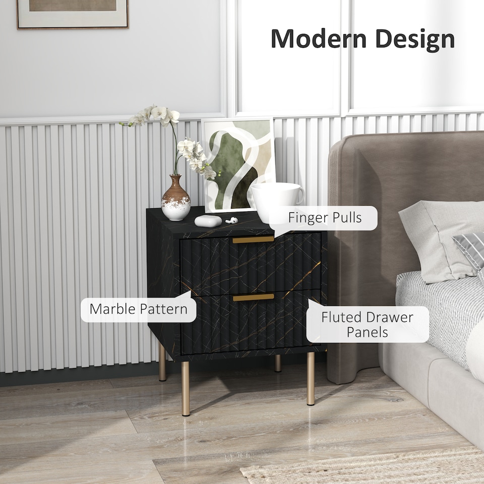 image 1 of HOMCOM Marble Pattern Bedside Table, Fluted Bedside Cabinet with 2 Drawers, Side End Table with Steel Legs for Bedroom, Black | Black