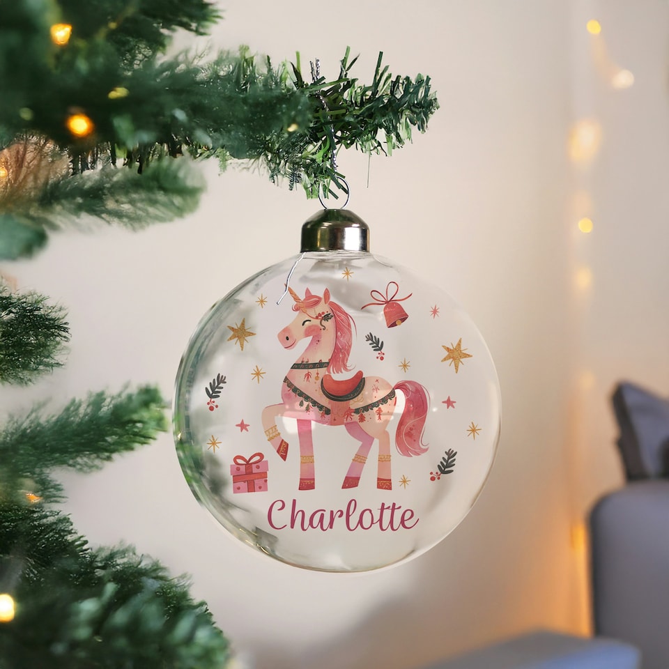 image 1 of Personalised Unicorn Christmas Glass Bauble