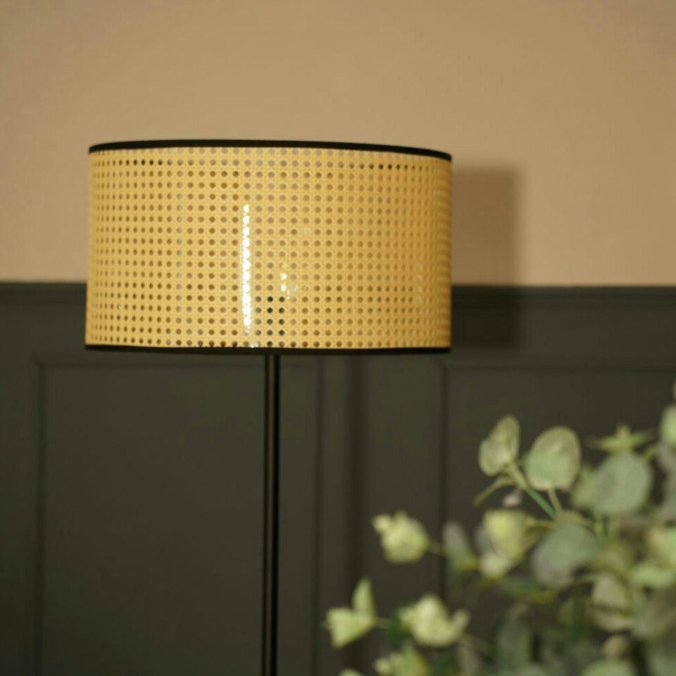 image 1 of ValueLights Tavel Matte Black Floor Lamp with Large Natural Drum Shade and LED Bulb