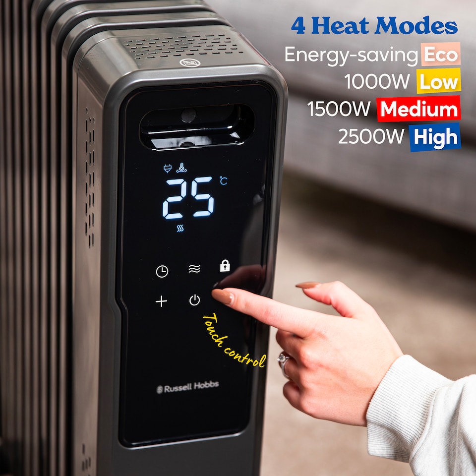 image 1 of Russell Hobbs® RHOFR2500-M-D 2.5kW 11 Fin Digital Oil Filled Radiator with M-Shaped Fins Touch Control and Remote in Graphite