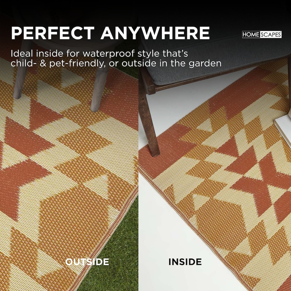 image 1 of Homescapes Outdoor Rug Luxury Waterproof Reversible Recycled, For Garden, Anya Aztec | Orange | Orange and White