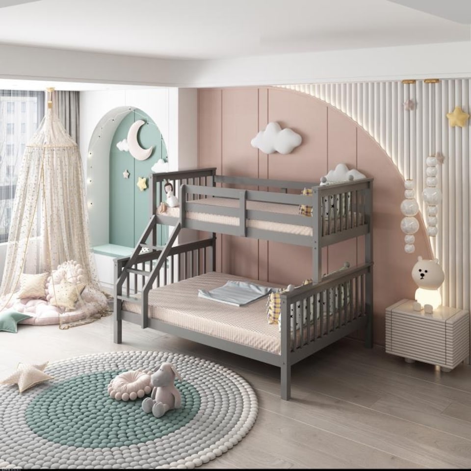 image 1 of Grey Bunkbed with 2 Mattresses 3ft Single & 4ft6 Double Trio Bunkbed, Wooden Children Bedroom Furniture