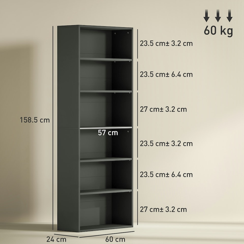 image 1 of HOMCOM 6 Tier Bookshelf, Freestanding Bookcase with Adjustable Shelves, Black