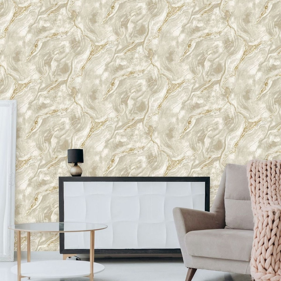 image 1 of World Of Wallpaper Luxe Collection Mineral Effect Vinyl Textured Wallpaper - Cream/Gold - 10m x 0.5m | Cream