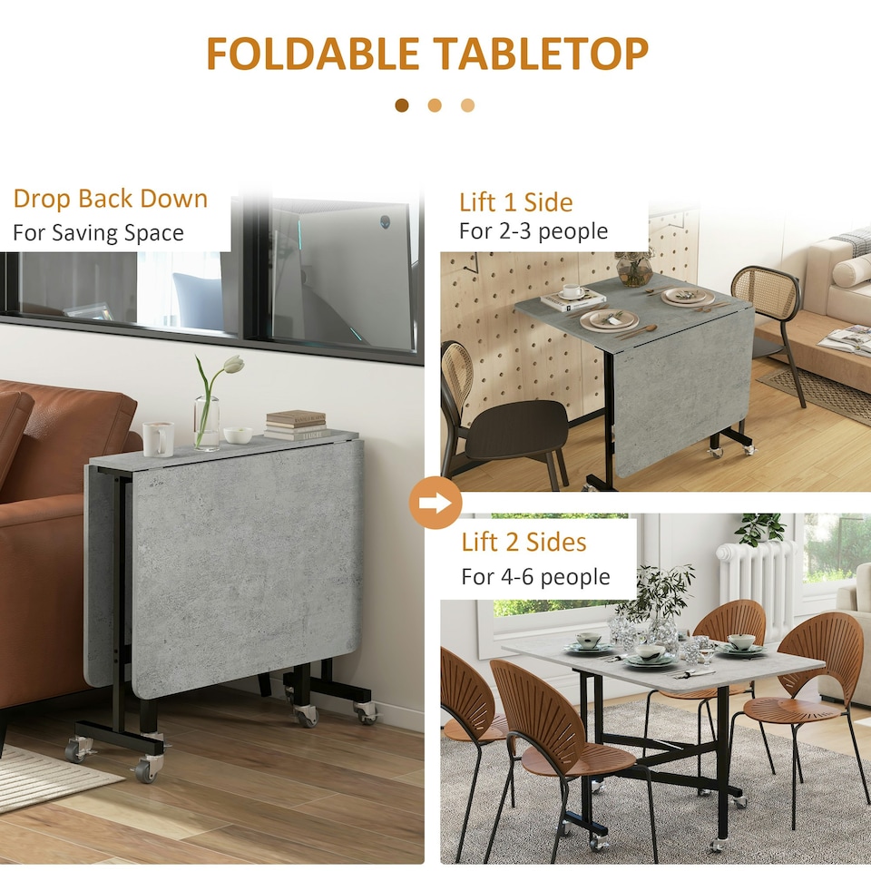 image 1 of HOMCOM Drop Leaf Table with Wheels Folding Dining Table for Small Spaces, Grey