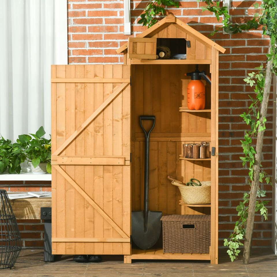 image 1 of Outsunny Wooden Garden Storage Shed Tool Storage Box, 77 x 54 x 179 cm