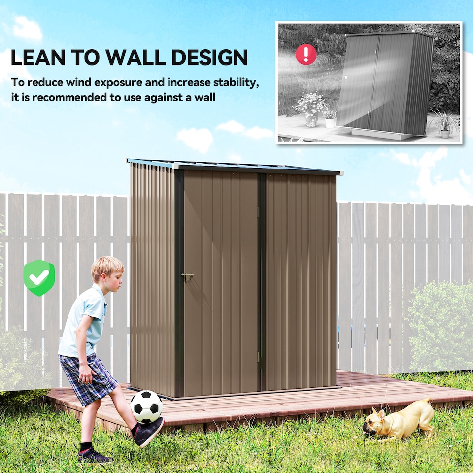 image 1 of Outsunny 5ft x 3ft Lean to Garden Shed, Metal Outdoor Storage Shed with Single Lockable Door, Tool Storage Shed for Garden, Patio, Brown