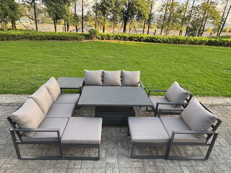 image 1 of Fimous Garden Aluminium Furniture Set Dark Grey 10 Seater Outdoor Patio Adjustable Rising Lifting Dining Table with 2 Big Footstools Side Table Dark Grey