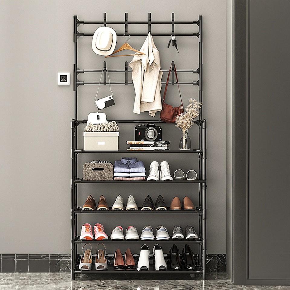 image 1 of Living and Home 5-Tier Freestanding Coat Rack with Shelves - 80x175cm Black