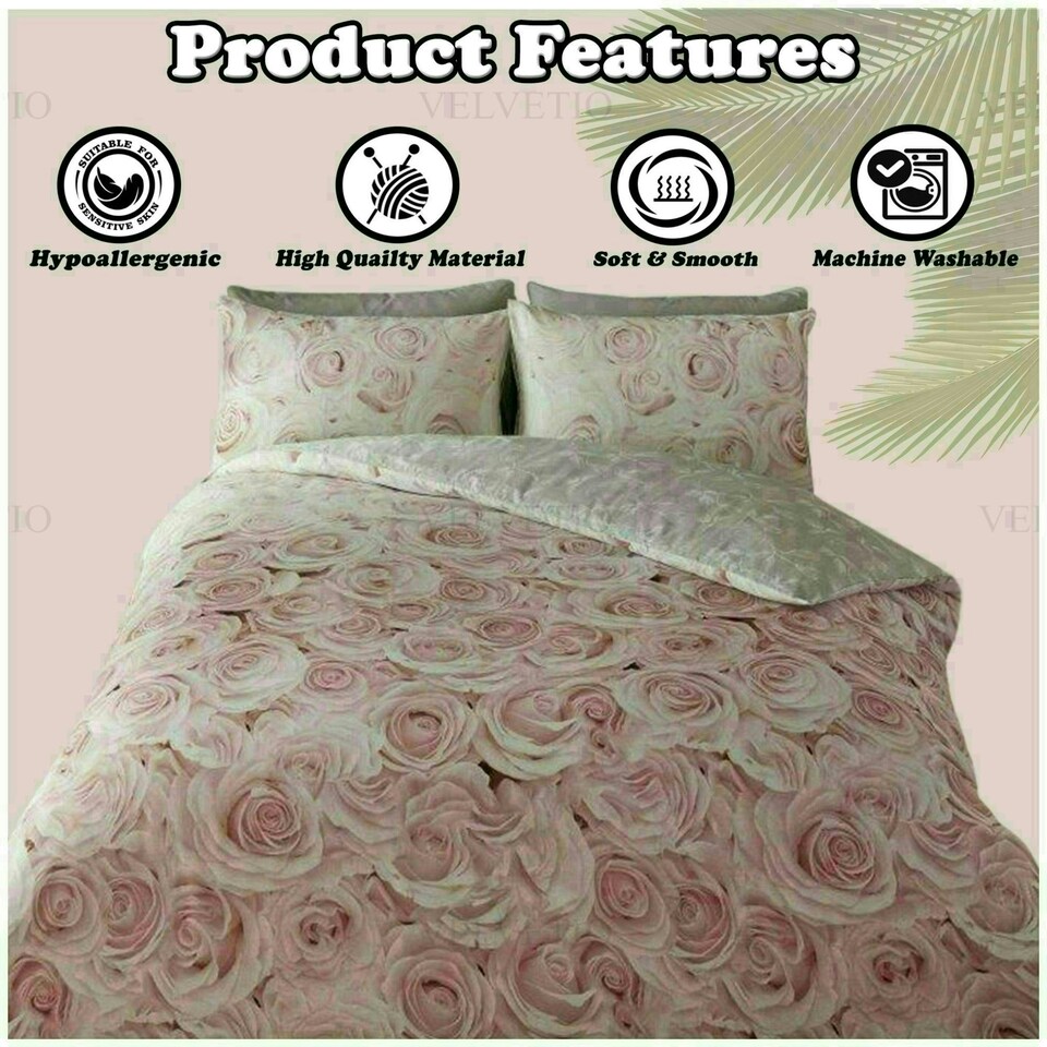 image 1 of VELVETIO Bellerose Floral Printed Duvet Cover Set Rebersible Polycotton Beddings Green | Duck Egg | Double