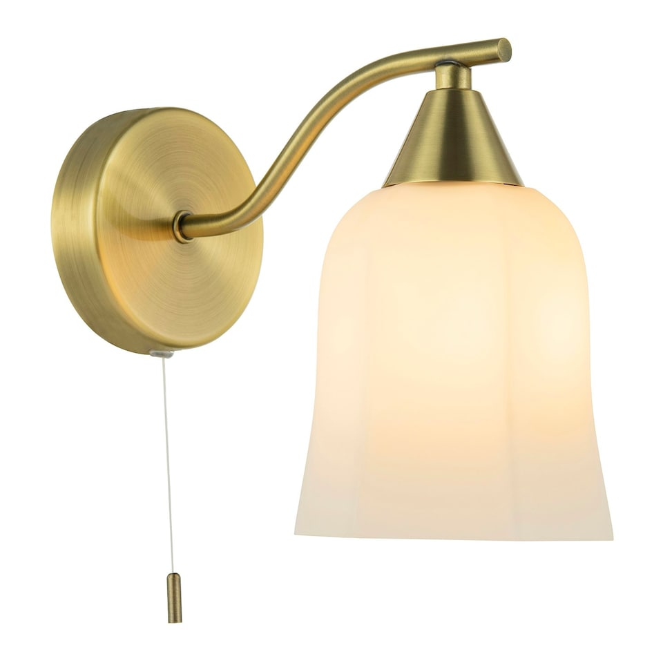 image 1 of Traditional Switched Downlight Wall Light in Antique Brass with Opal Glass Shade