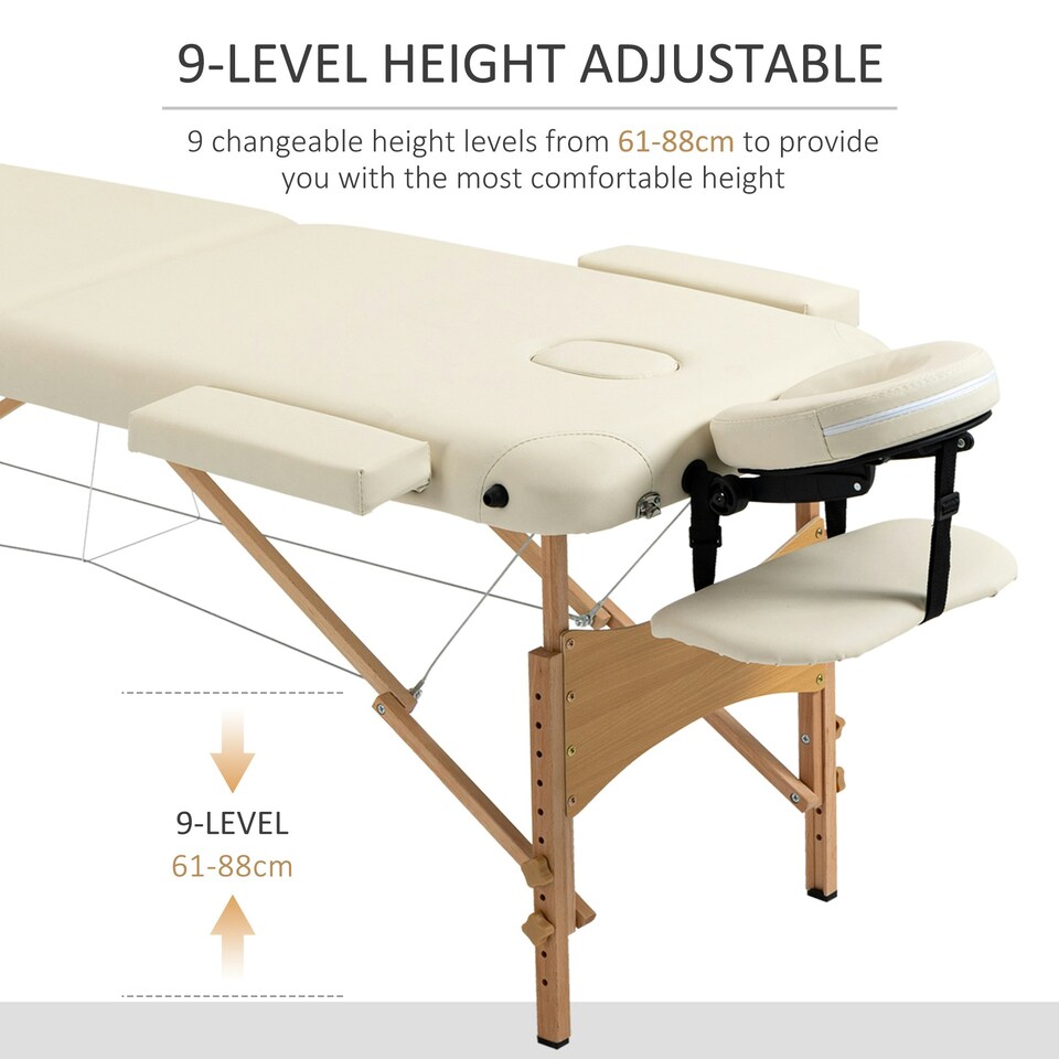 image 1 of HOMCOM Wooden Folding Massage Table w/ 2 Sections, Bag, Cream