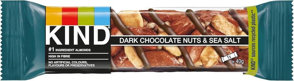 image 1 of KIND Bars, Gluten Free Snack Bars, Dark Chocolate Nuts & Sea Salt, High Fibre, No Artificial Colours, Flavours or Preservatives, Multipack 12 x 40g | Blue
