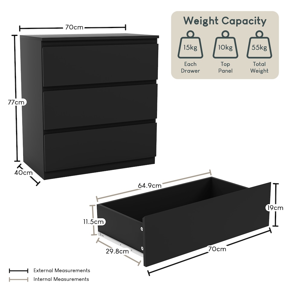 image 1 of Vida Designs Denver 3 Drawer Chest of Drawers Bedroom Storage, Black