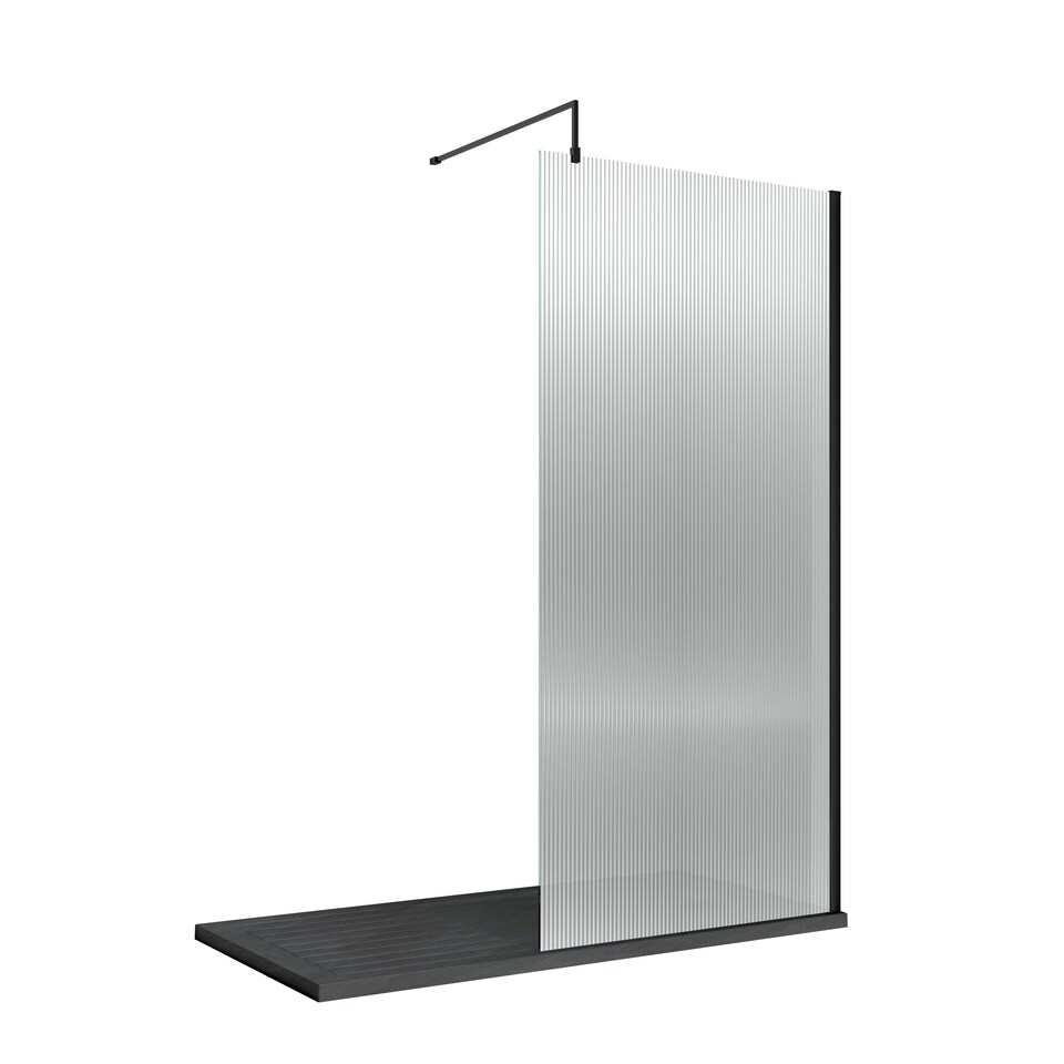 image 1 of Balterley Modern Bathroom Shower Fluted Toughened Safety Glass Wetroom Screen with Support Bar | Black | Matt Black
