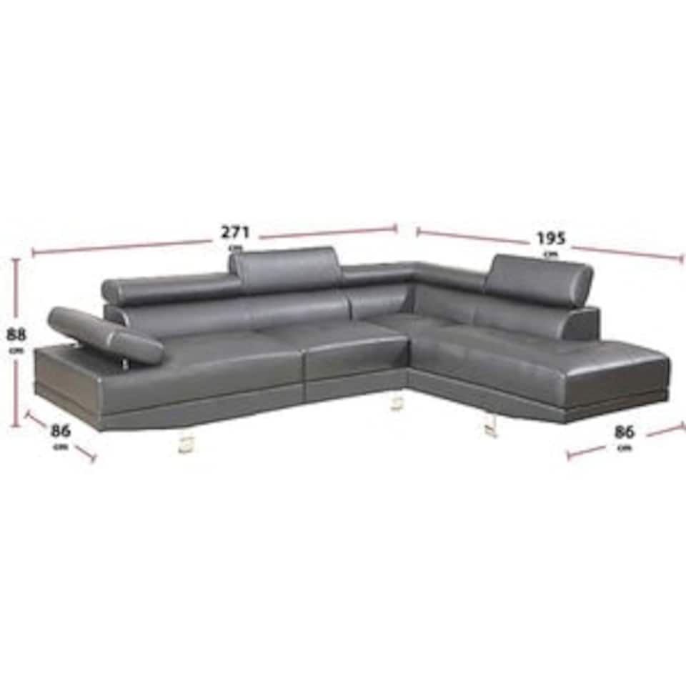 image 1 of Fidenza Leather Corner Sofa Adjustable Headrests, L-Shaped Sectional, Contemporary Living Room Seating, Left Hand Facing | Grey | Four Seater