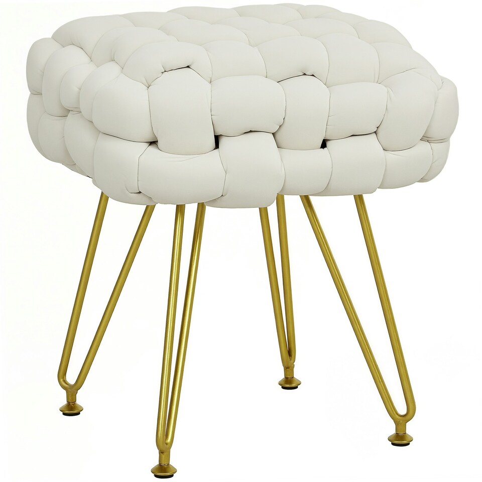 image 1 of HOMCOM Woven Velvet Foot Stool with Steel Legs for Living Room, Cream White Cream