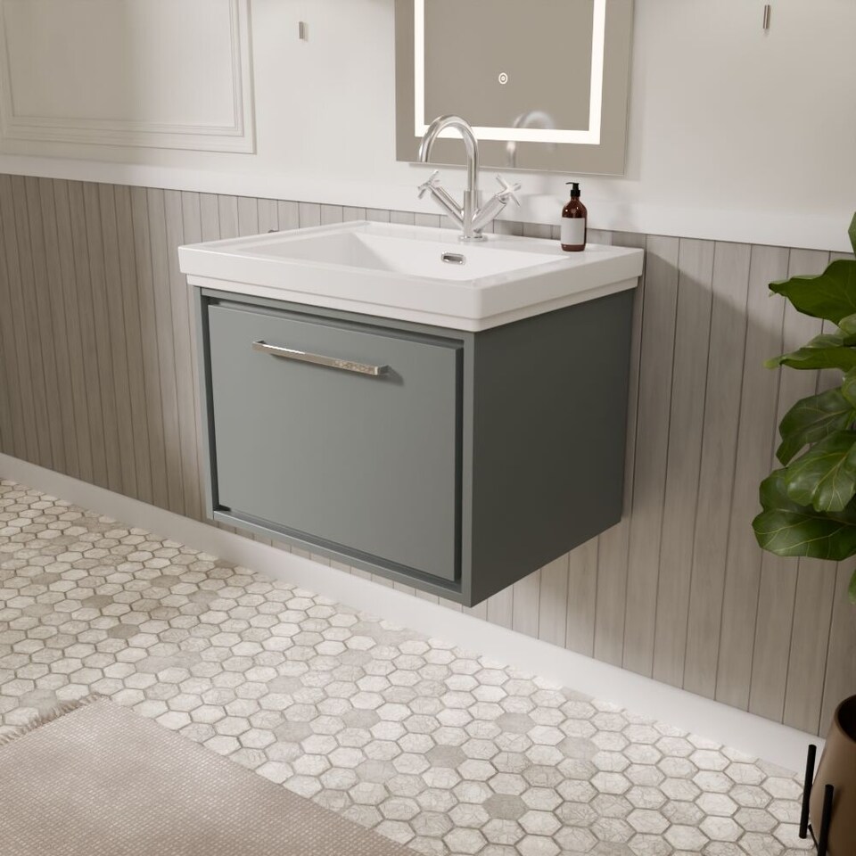 image 1 of Balterley Modern Bathroom Wall Hung Single Drawer Vanity Unit with Fireclay Basin - Vanity Basin Units, 1 Tap Hole | Grey | Monument Grey | 497 x 630 x 471mm