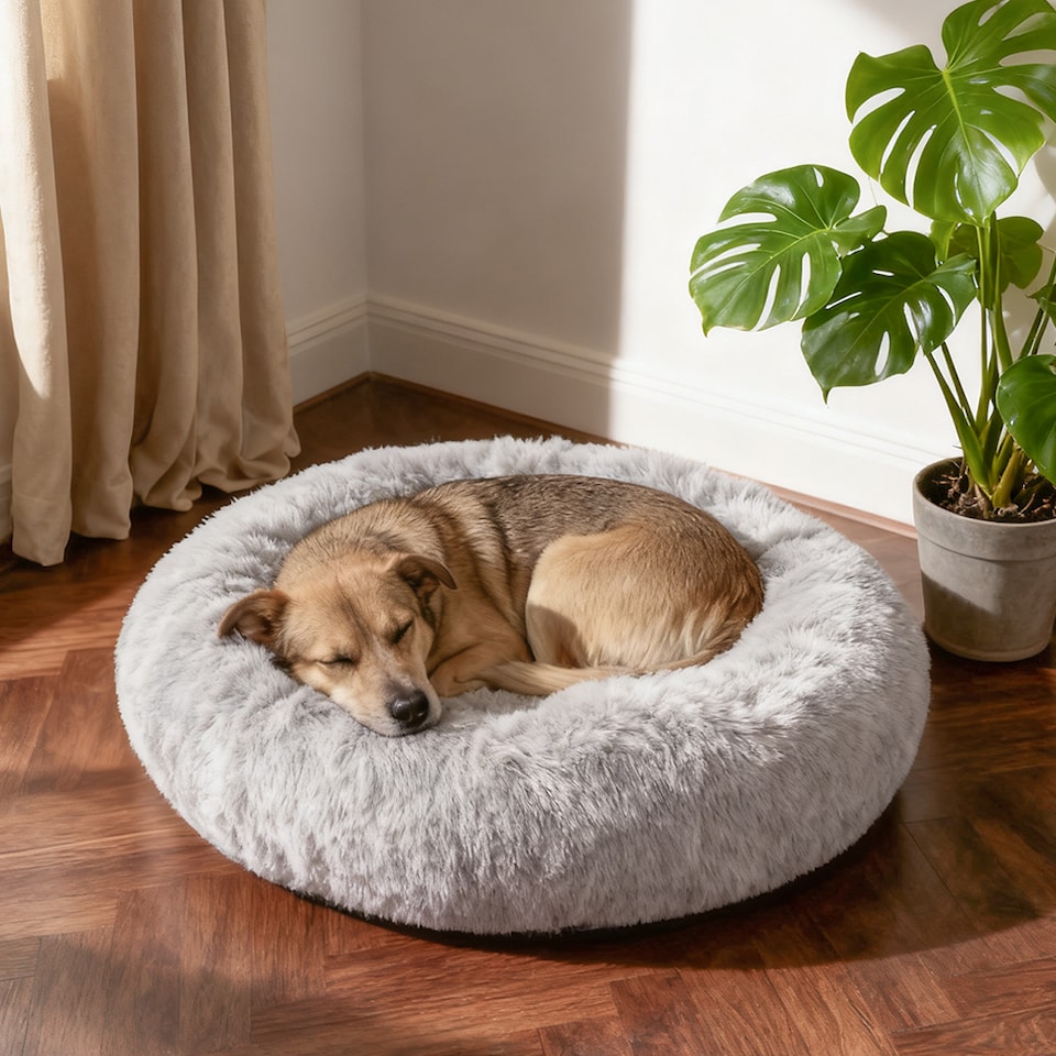 image 1 of Living and Home Calming Round Donut Plush Dog Cuddler Bed | Multi | Grey White | M