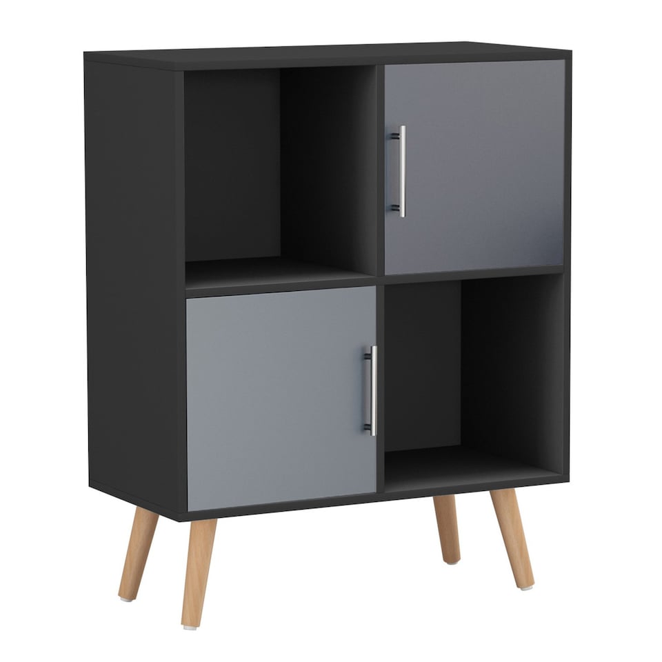 image 1 of Black 4-Cube Storage Unit with 2 Metal Handle Doors and Legs | Grey | Grey & Beech | 1