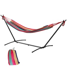 Outsunny 298 x 117cm Hammock with Metal Stand Carrying Bag 120kg Multicolour | Multi | Multicolour stripe | L