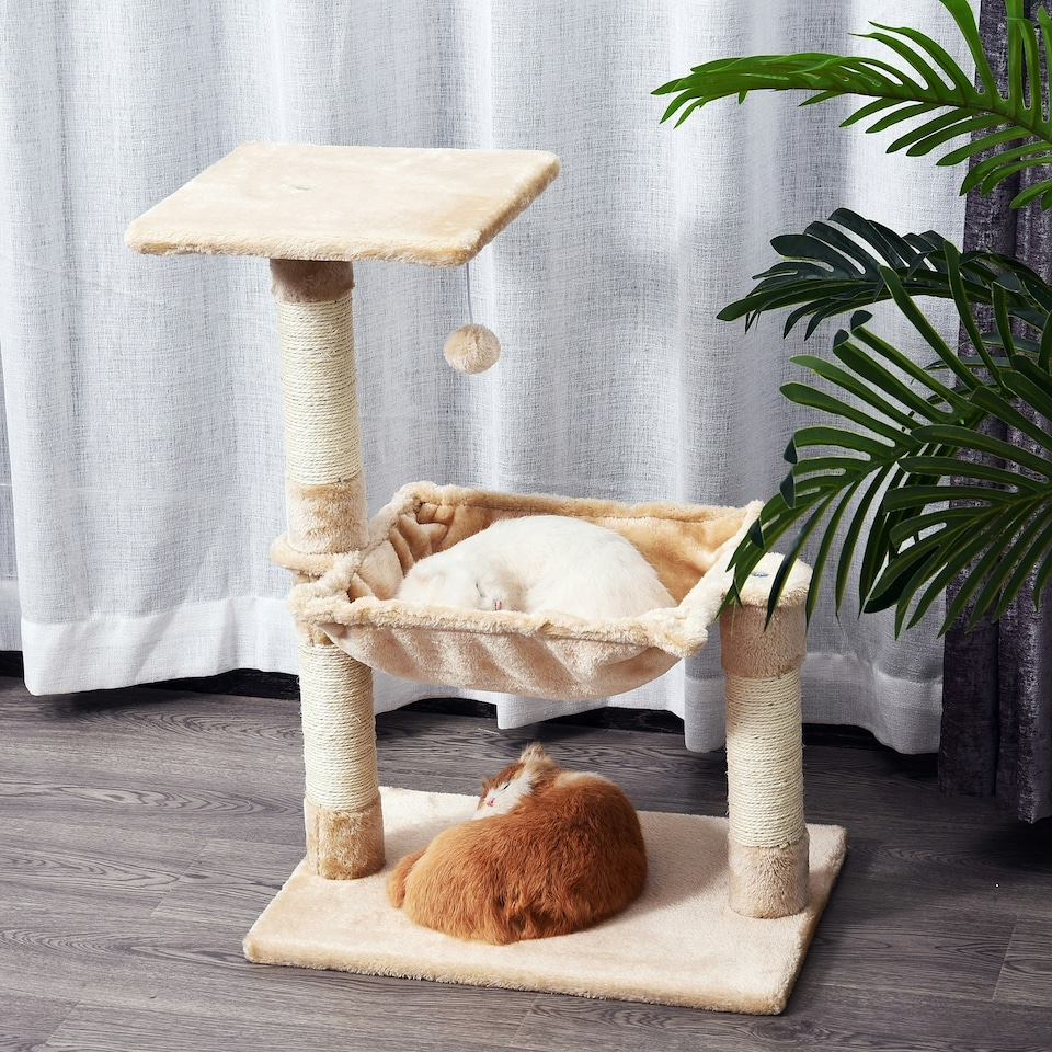 image 1 of PawHut Cat Tree Scratch Post with Bed Hammock Sisal for Indoor Cats Beige