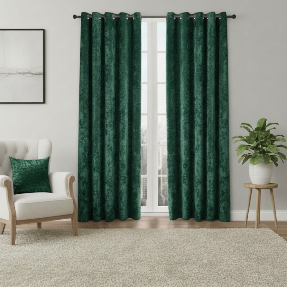 image 1 of Crushed Velvet Eyelet Curtains Luxurious Finish for Contemporary Homes | Green | Emerald | (W) 168cm x (L) 228cm