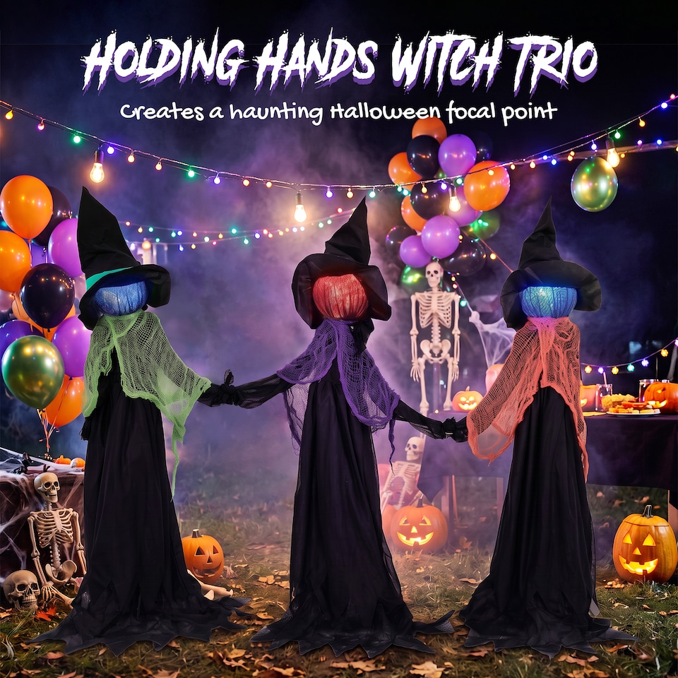 image 1 of HOMCOM 48" Witches Holding Hands Halloween Decoration Light Up Animated Prop